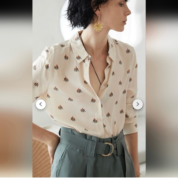 EQUIPMENT Silk Blouse Elephant India Novelty SMALL Beige - Picture 14 of 16